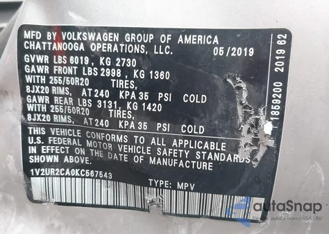 2019 Volkswagen Atlas 3.6L V6 Se W/Technology из США, поврежденный, VIN 1V2UR2CA0KC567543